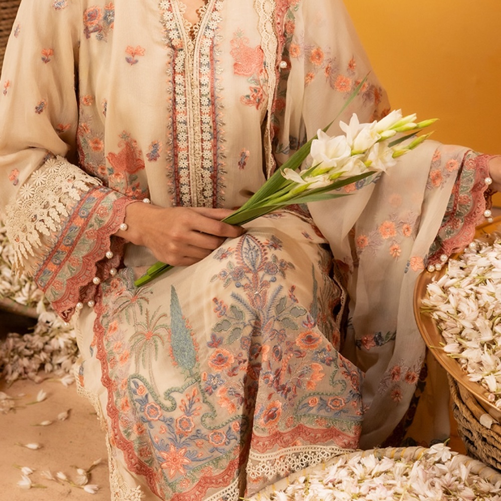 Floral Embroidered Beige Kaftan